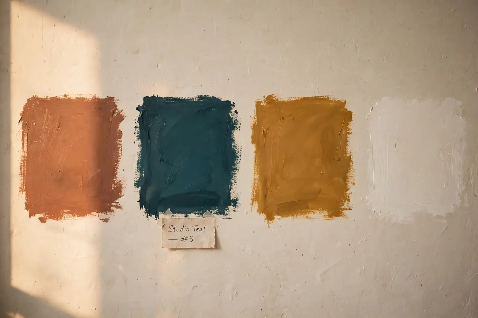 Paint sample squares brushed on a wall during a color consultation